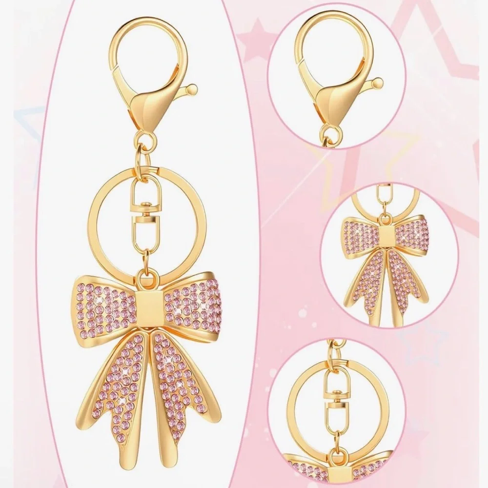 Sparkly Gold Plated Pink Rhinestone Bow Keychain - Picture 3 of 3